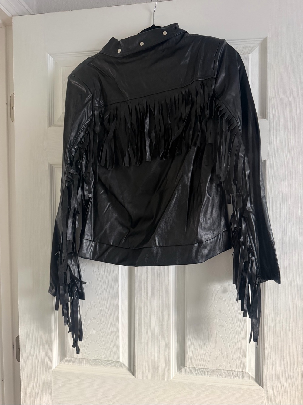 NWOT Fringed Black Leatherette Jacket - Women's Stylish Moto Coat